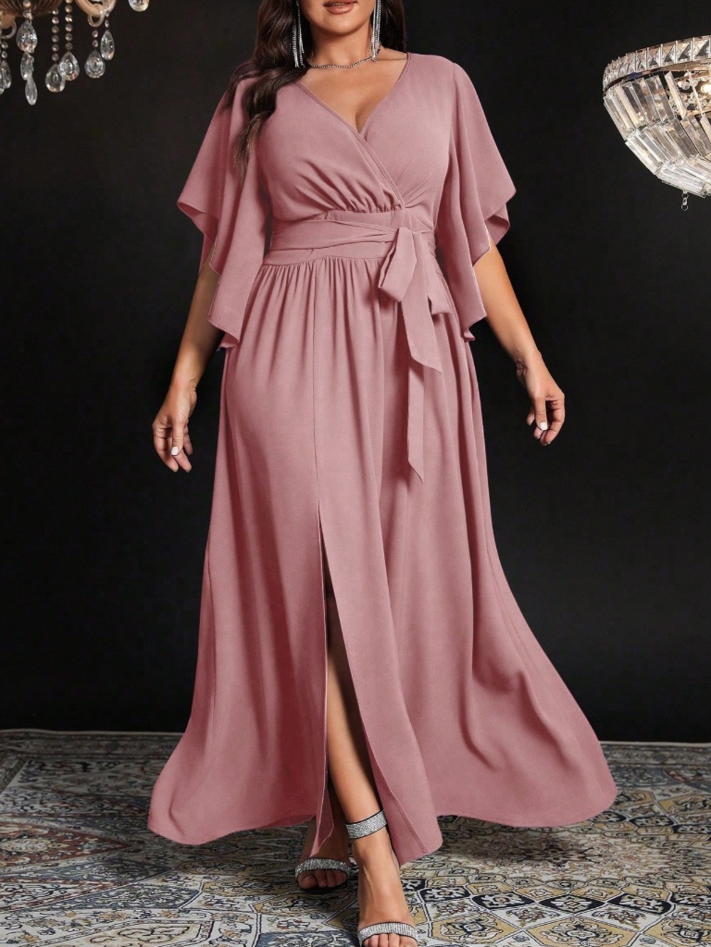  Plus Solid V neck Flounce Sleeve Belted Split Thigh Party Evening Dress - Picture 4 of 15